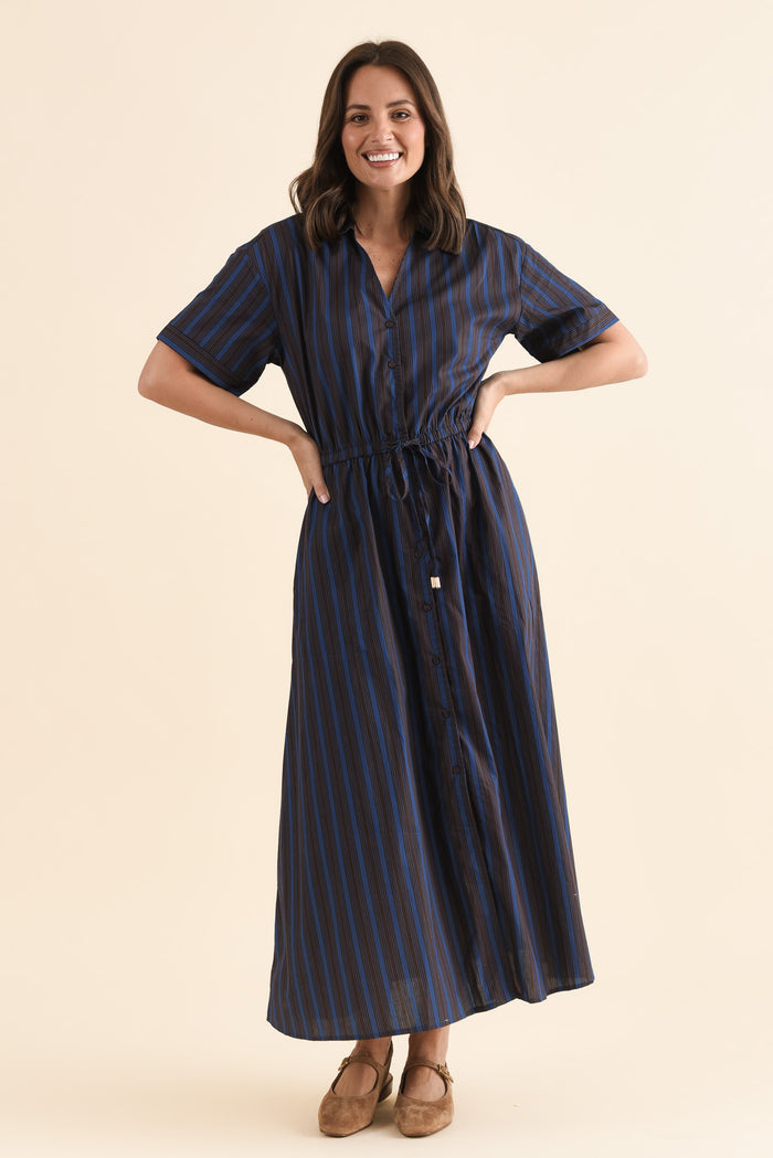 Kellan Navy Stripe Cotton Poplin Dress,Full Body,Brunette model,alt text|model:MJ
