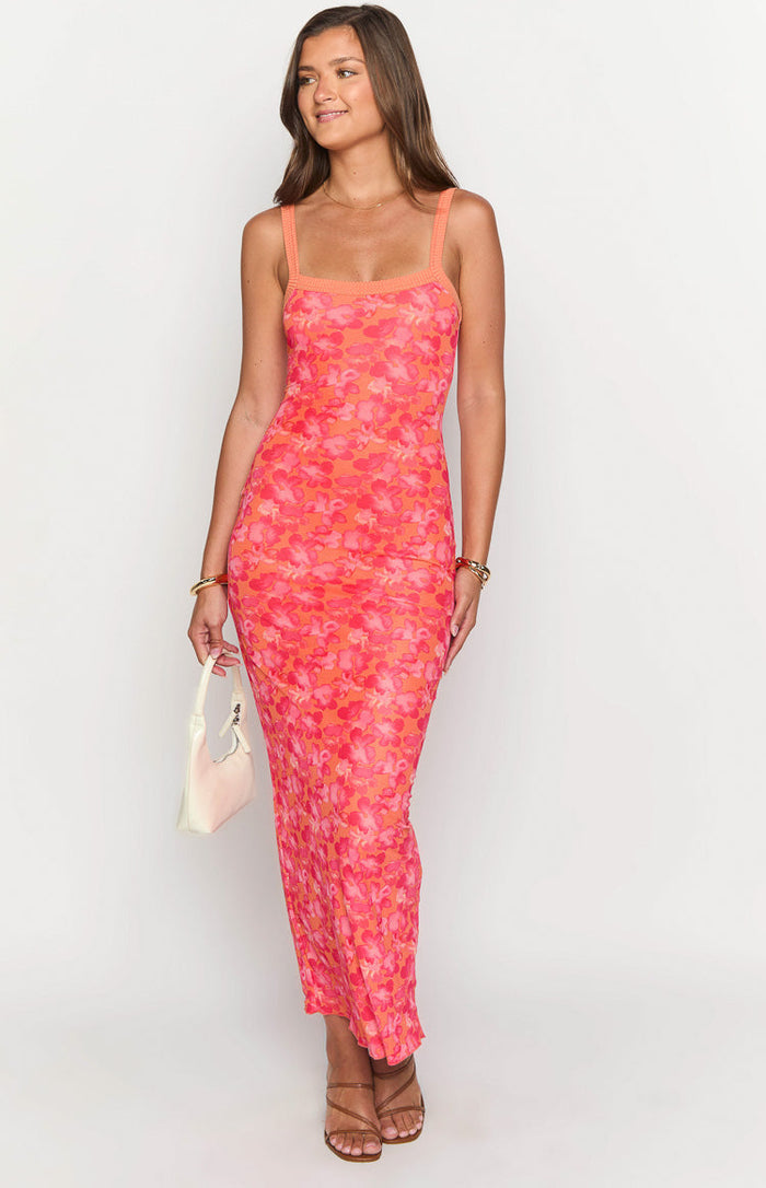 Orange and pink floral print bodycon maxi dress with a square neckline and thick knitted straps