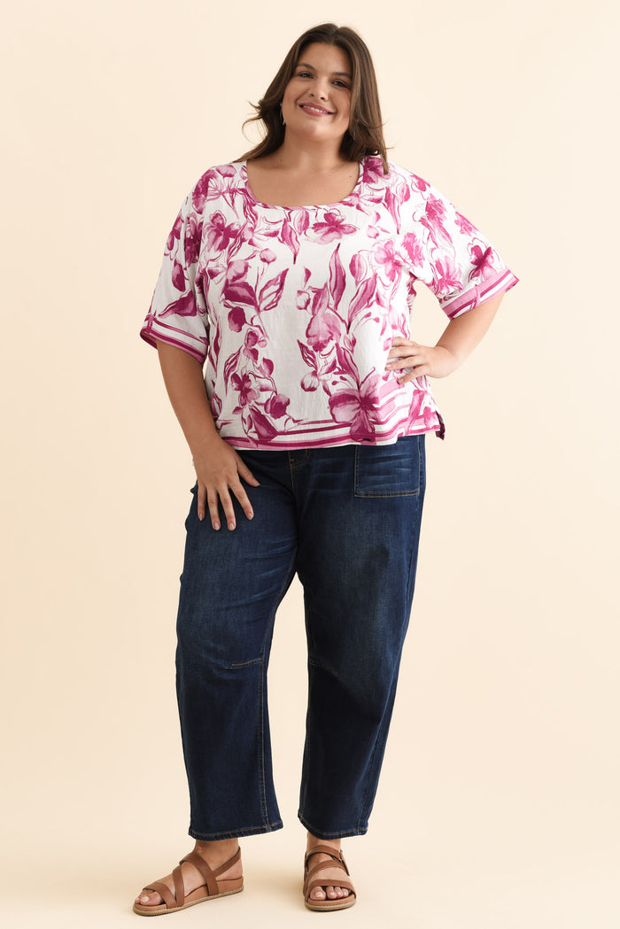 Kendria Pink Floral Batwing Top,Brunette model,plus-size,curve-tops,plus-size-sleeved-tops,plus-size-work-edit,alt text|model:Gabby