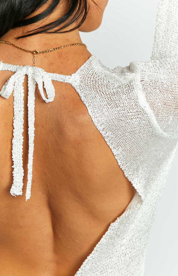 Kendrick White Sequin Knit Long Sleeve Maxi Dress