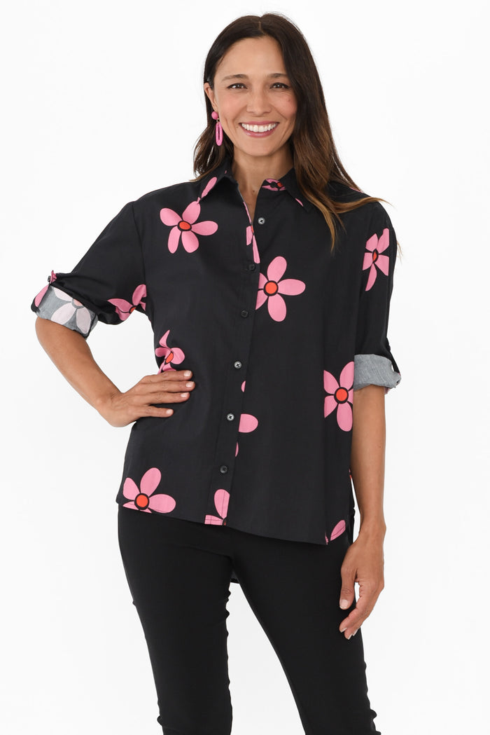 Kenisha Black Flower Cotton Shirt,Brunette model,alt text|model:Cara