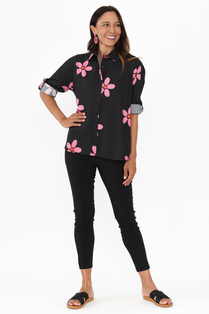 Kenisha Black Flower Cotton Shirt,Brunette model,alt text|model:Cara