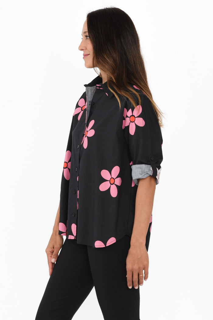 Kenisha Black Flower Cotton Shirt,Brunette model,alt text|model:Cara
