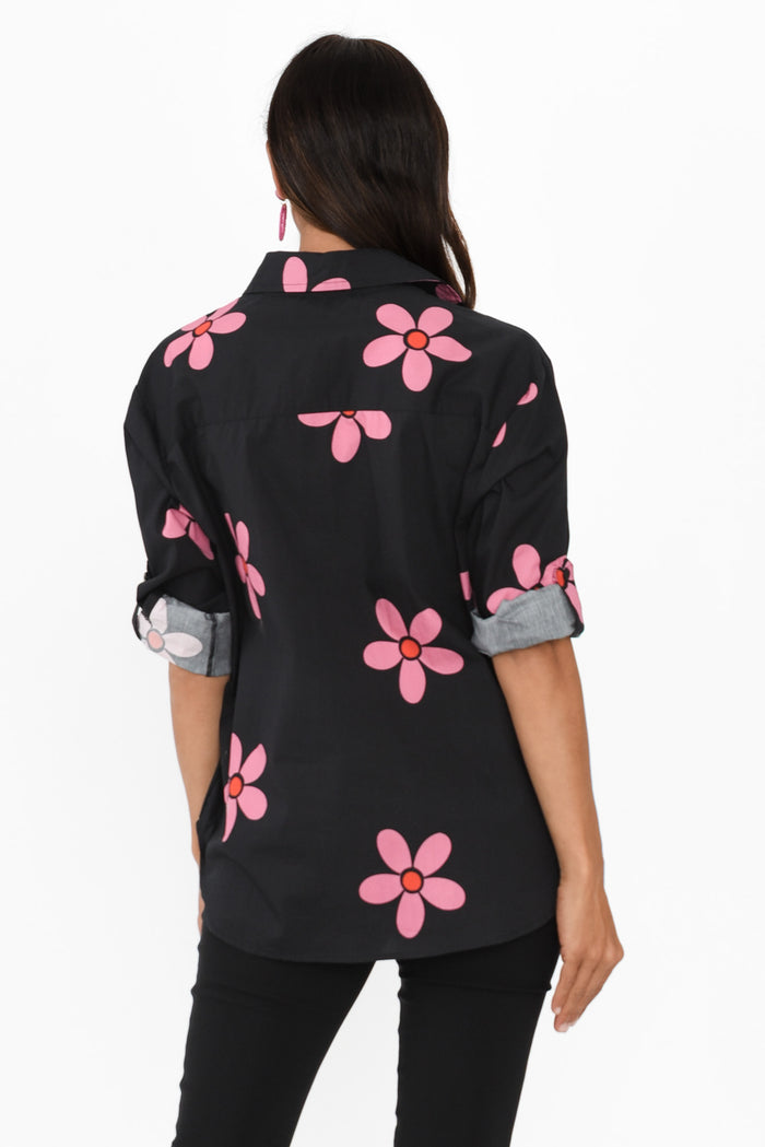 Kenisha Black Flower Cotton Shirt,Brunette model,alt text|model:Cara