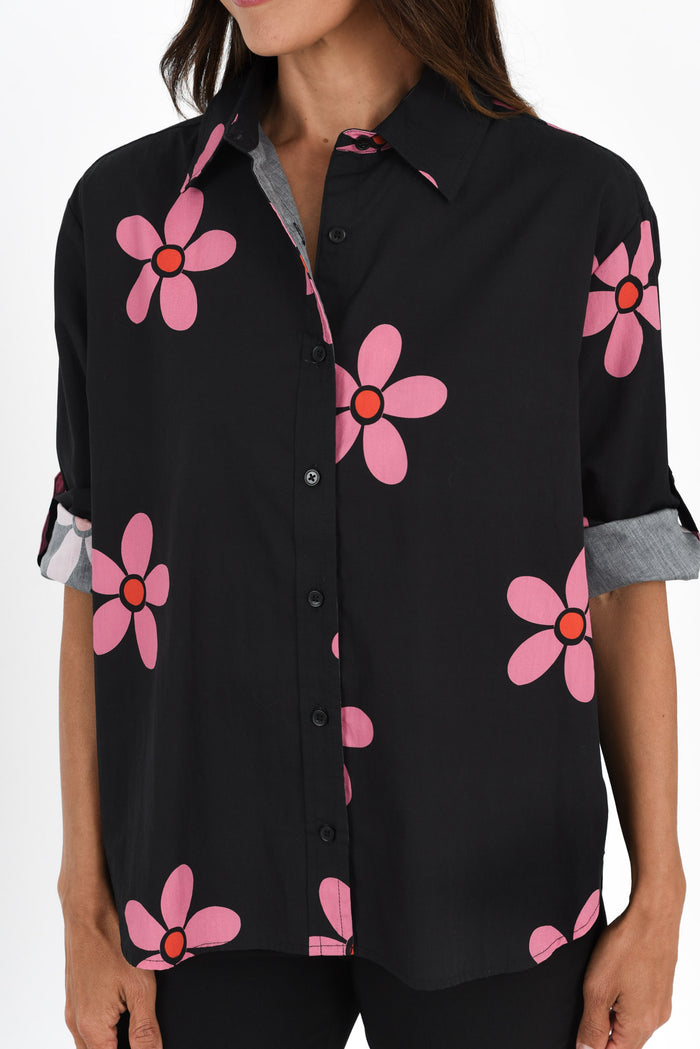 Kenisha Black Flower Cotton Shirt,Brunette model,alt text|model:Cara