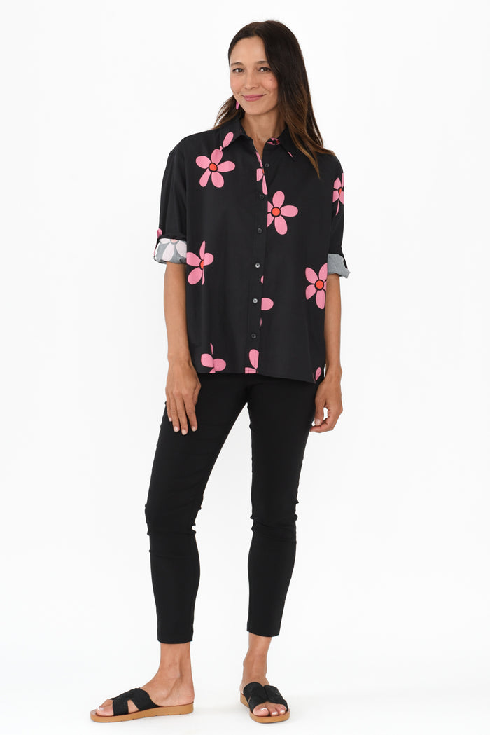 Kenisha Black Flower Cotton Shirt,Brunette model,alt text|model:Cara