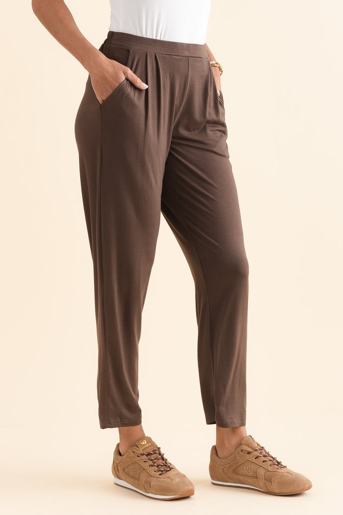 Kennedy Chocolate Stretch Pocket Pants,Side,Brunette model,alt text|model:Brontie