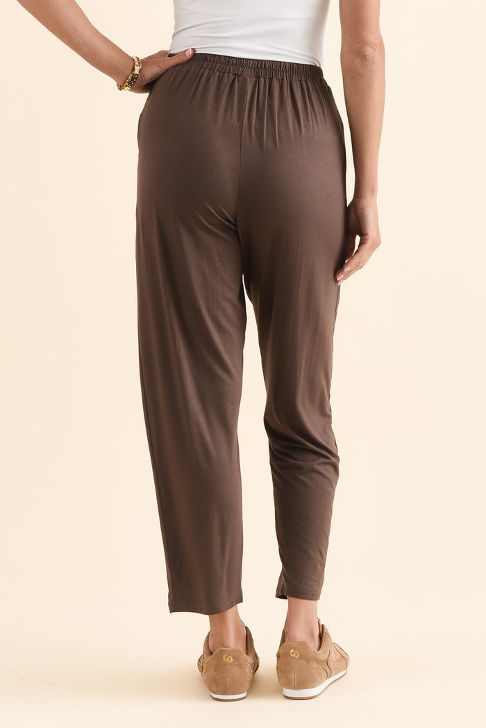 Kennedy Chocolate Stretch Pocket Pants,Back,Brunette model,alt text|model:Brontie