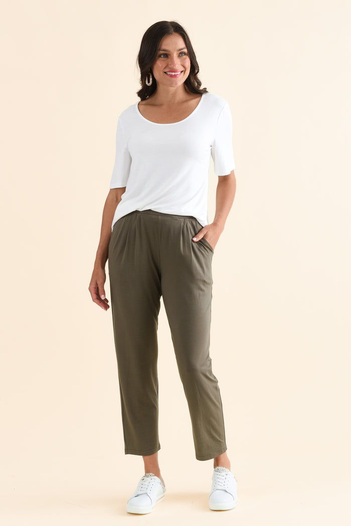 Kennedy Khaki Stretch Pocket Pants,Full Body,Brunette model,alt text|model:Brontie