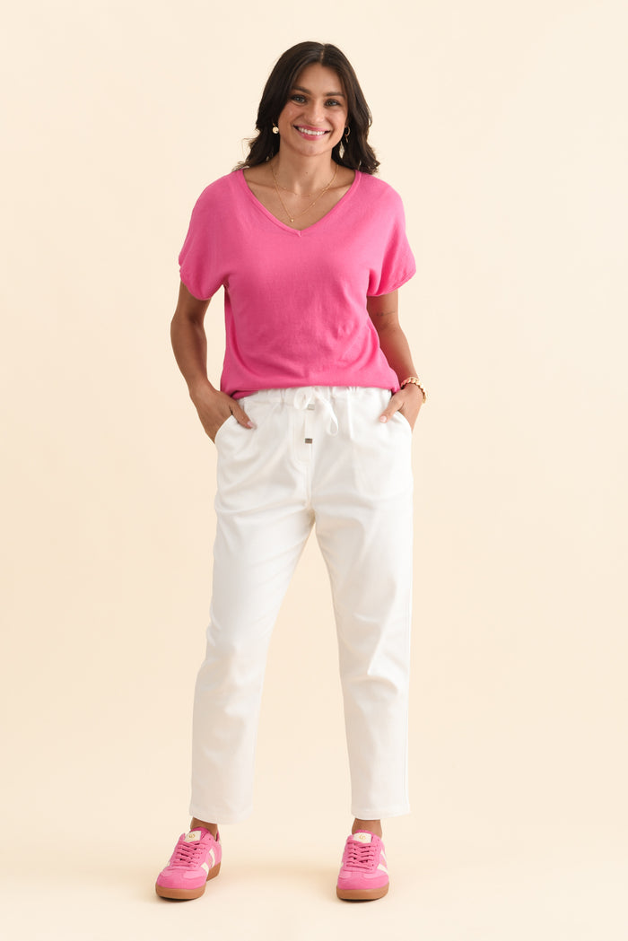 Kenzie White Drawstring Pants,Brunette model,alt text|model:Brontie