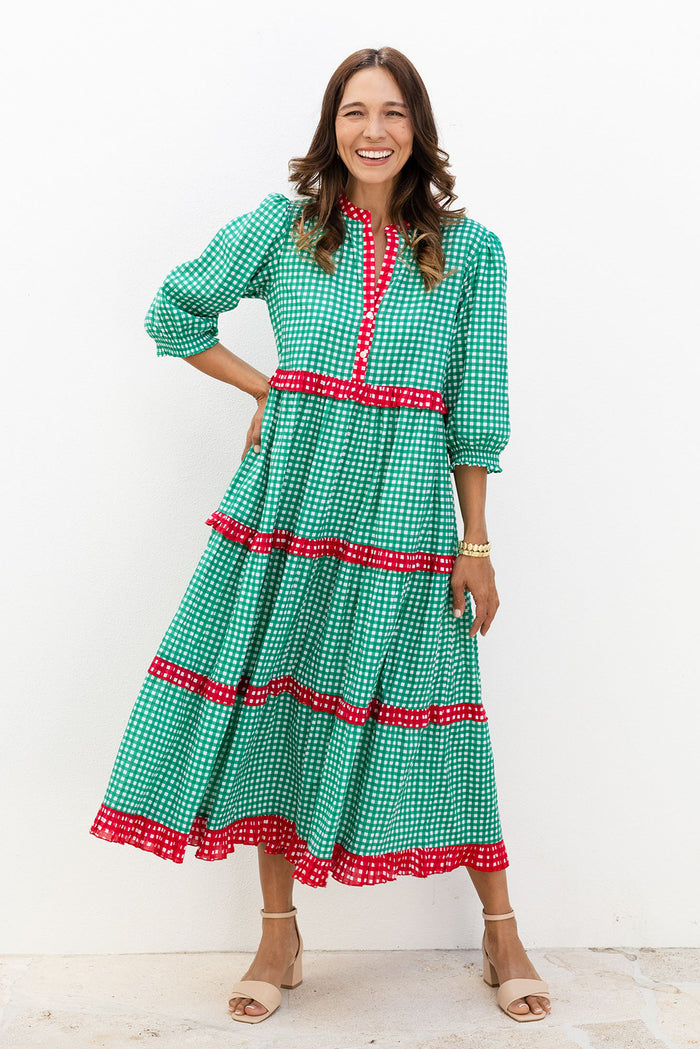 Kesia Green Spot Cotton Tier Dress,Lifestyle