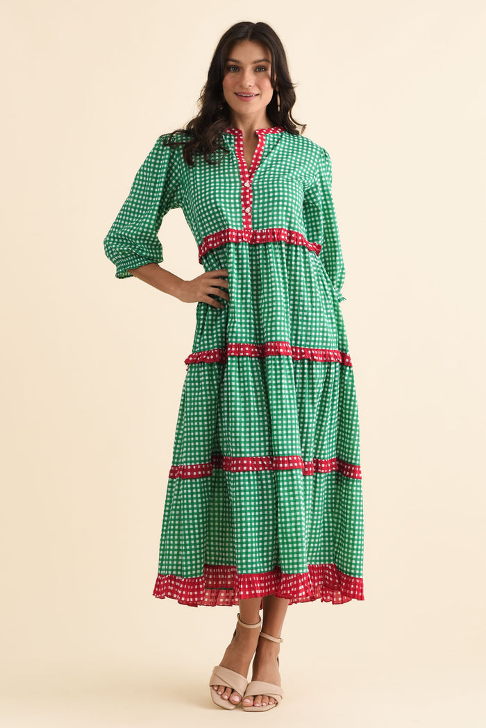 Kesia Green Spot Cotton Tier Dress,Brunette model,alt text|model:Brontie