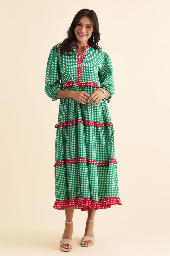 Kesia Green Spot Cotton Tier Dress,Brunette model,alt text|model:Brontie