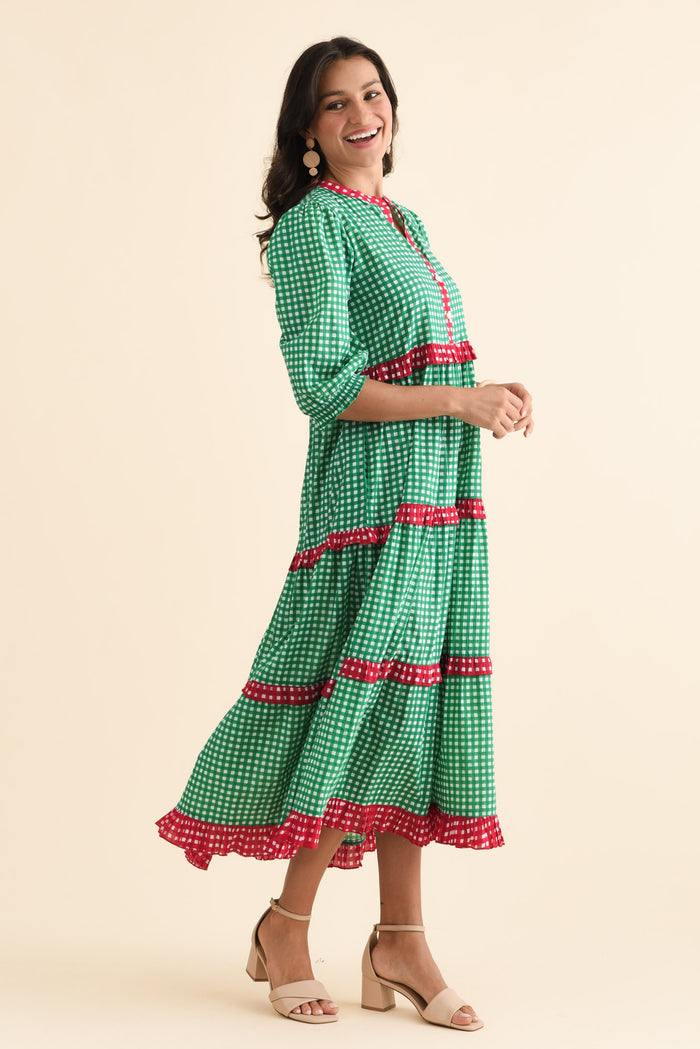 Kesia Green Spot Cotton Tier Dress,Brunette model,alt text|model:Brontie