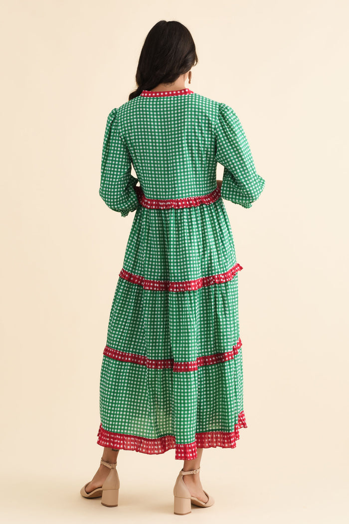 Kesia Green Spot Cotton Tier Dress,Brunette model,alt text|model:Brontie