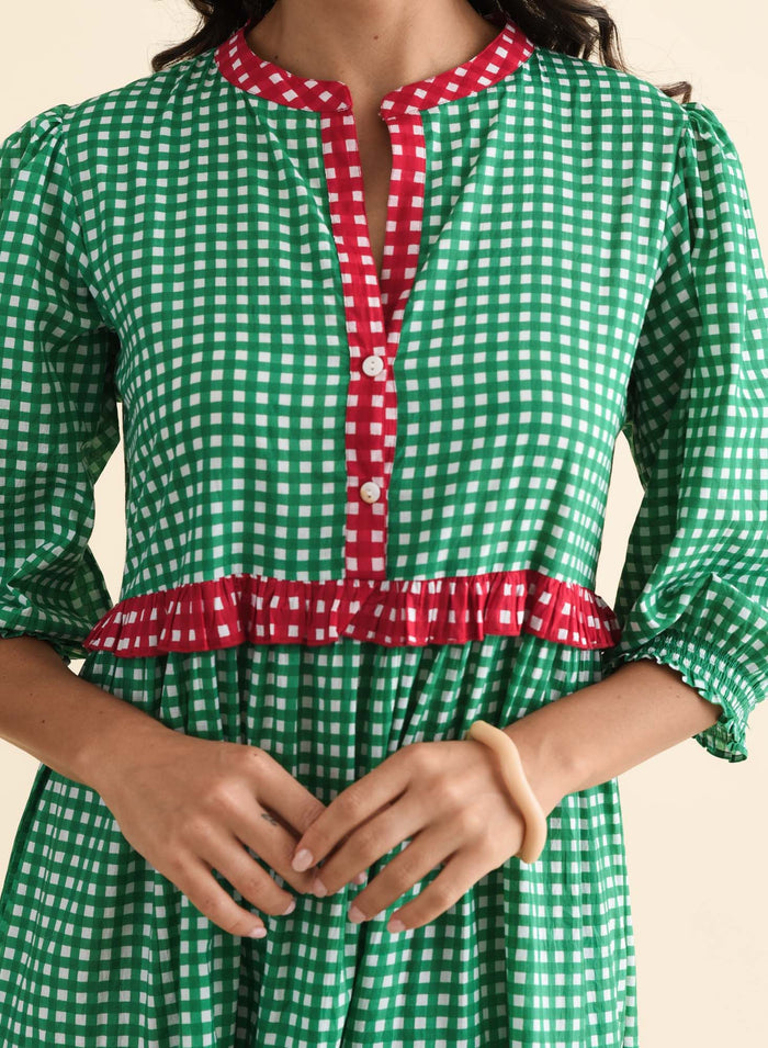 Kesia Green Spot Cotton Tier Dress,Brunette model,alt text|model:Brontie