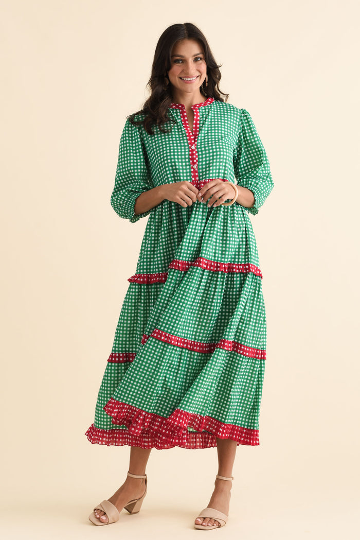 Kesia Green Spot Cotton Tier Dress,Brunette model,alt text|model:Brontie