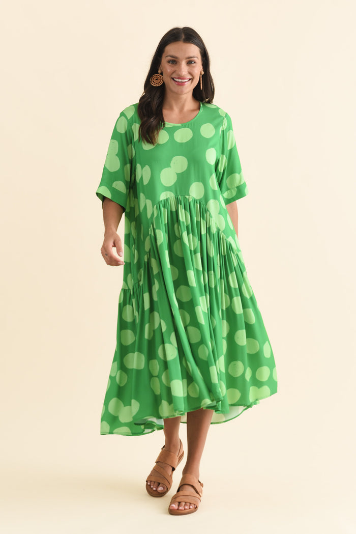 Kiana Green Spot Peak Dress,Brunette model,alt text|model:Brontie