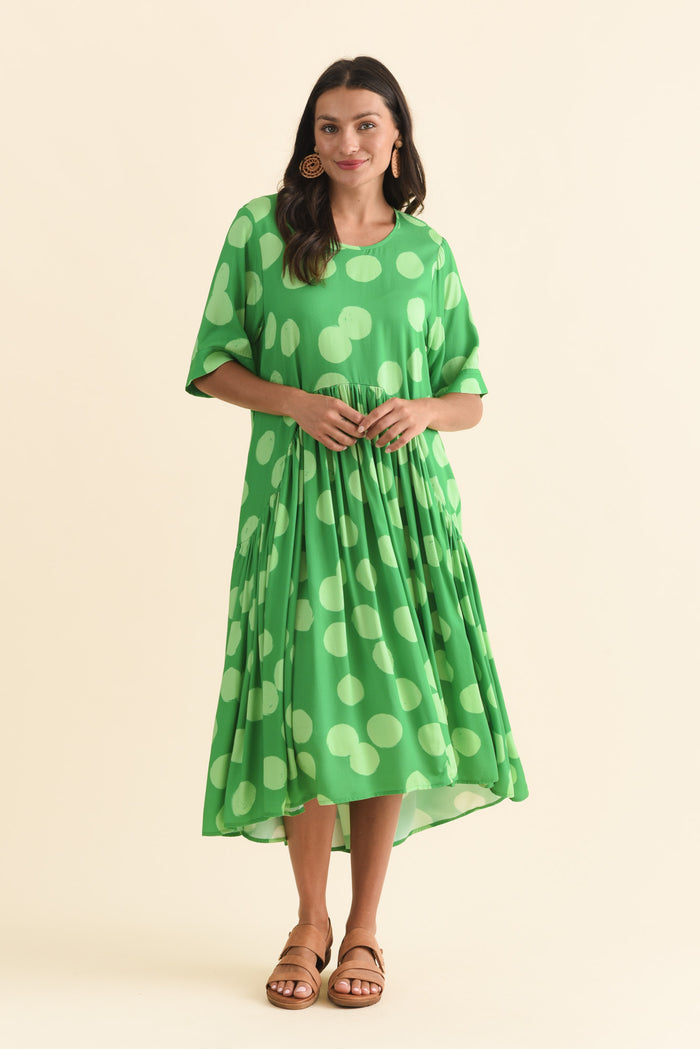 Kiana Green Spot Peak Dress,Brunette model,alt text|model:Brontie