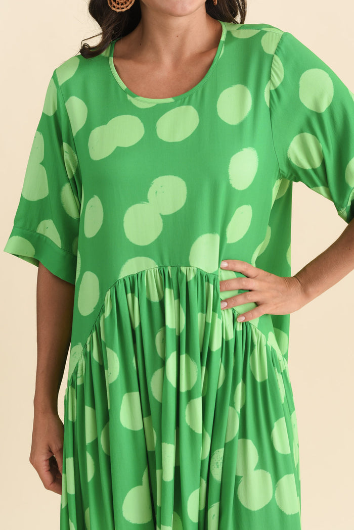 Kiana Green Spot Peak Dress,Brunette model,alt text|model:Brontie