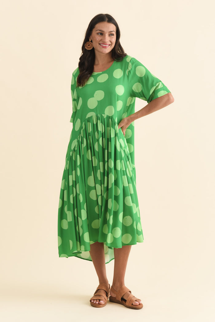 Kiana Green Spot Peak Dress,Brunette model,alt text|model:Brontie