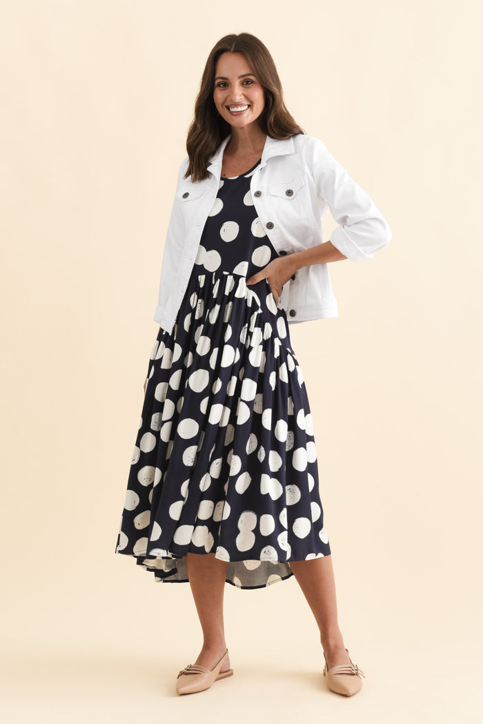 Kiana Navy Spot Peak Dress,Brunette model,alt text|model:MJ
