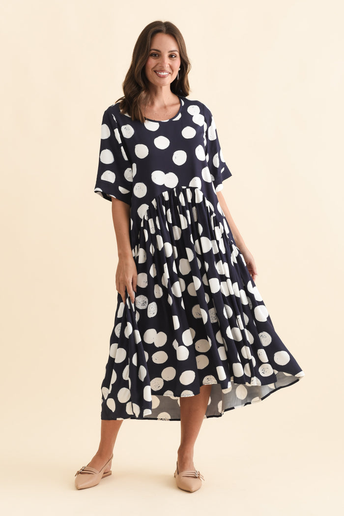 Kiana Navy Spot Peak Dress,Brunette model,alt text|model:MJ