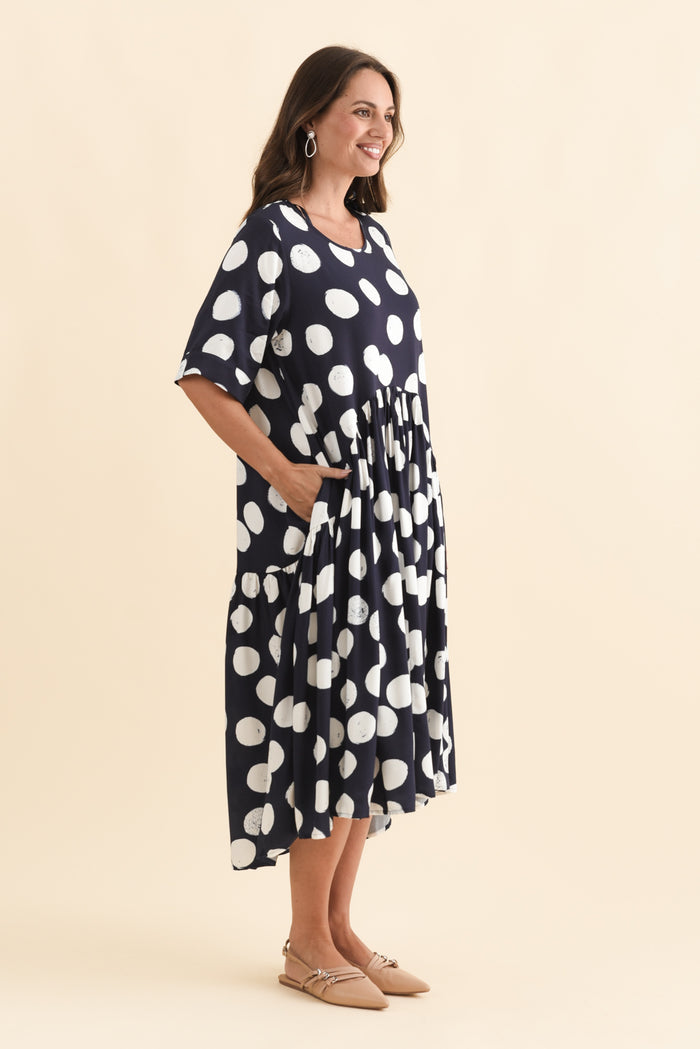 Kiana Navy Spot Peak Dress,Brunette model,alt text|model:MJ