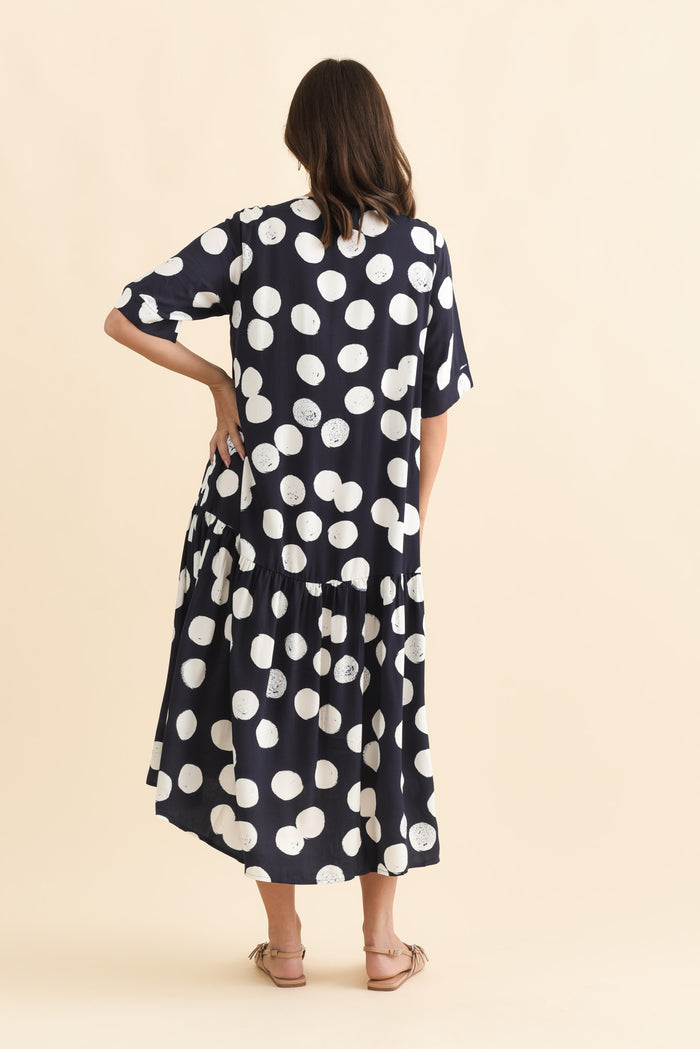 Kiana Navy Spot Peak Dress,Brunette model,alt text|model:MJ