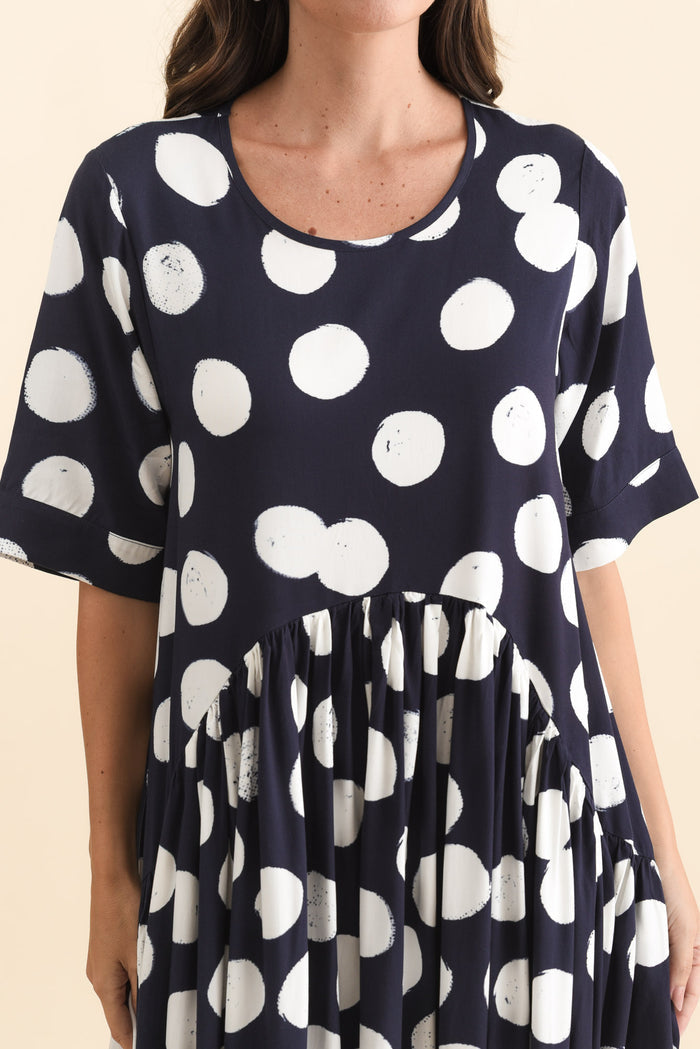 Kiana Navy Spot Peak Dress,Brunette model,alt text|model:MJ