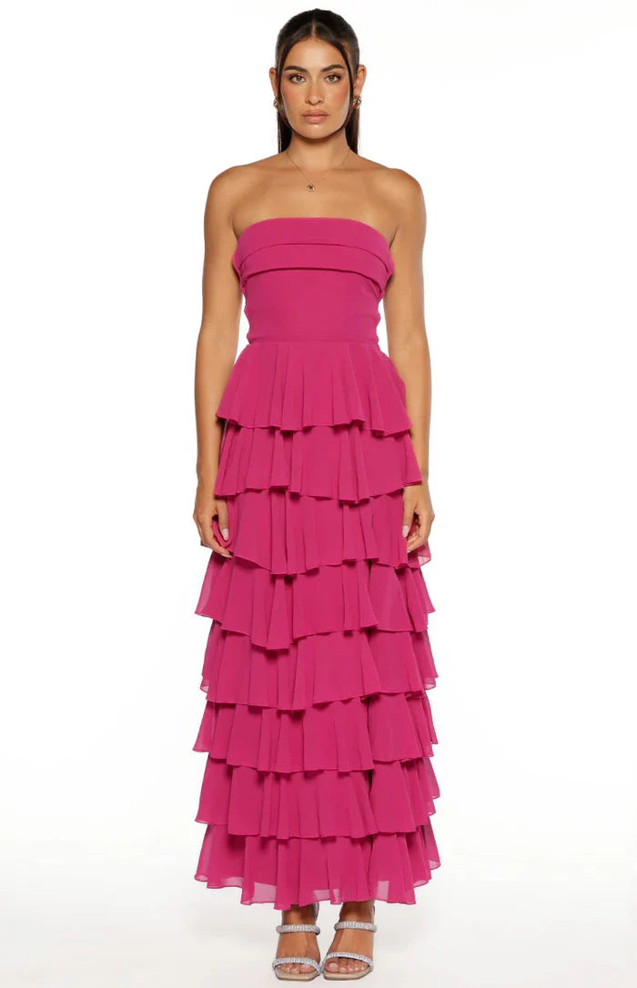 Kim Fuchsia Strapless Ruffle Maxi Dress