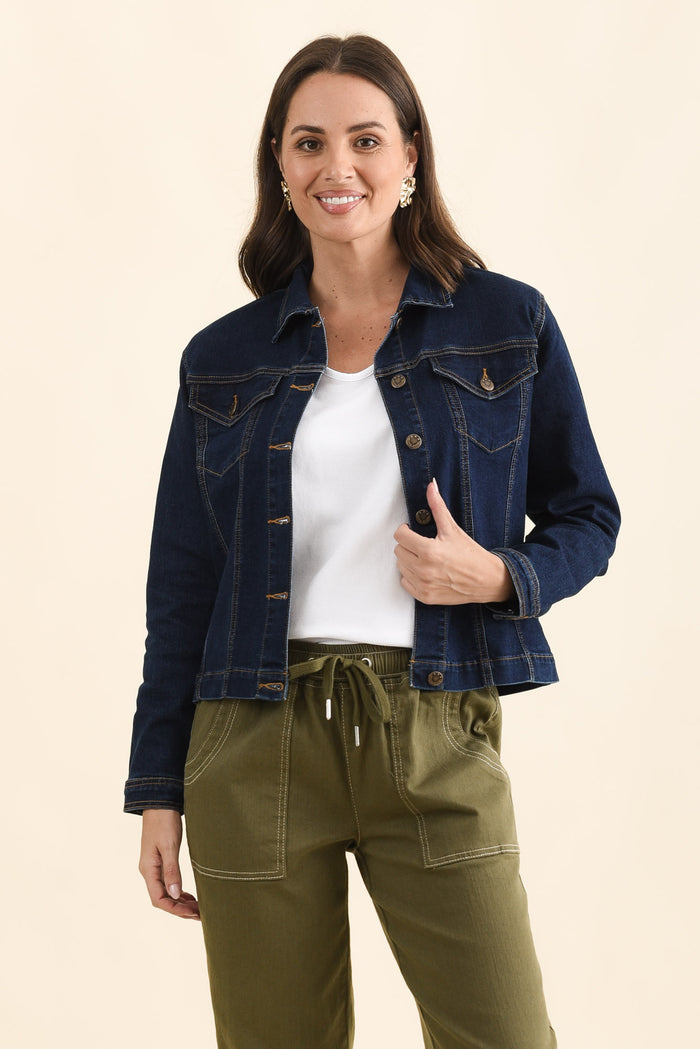 Kimbra Blue Denim Stretch Jacket,Front,Brunette model,alt text|model:MJ