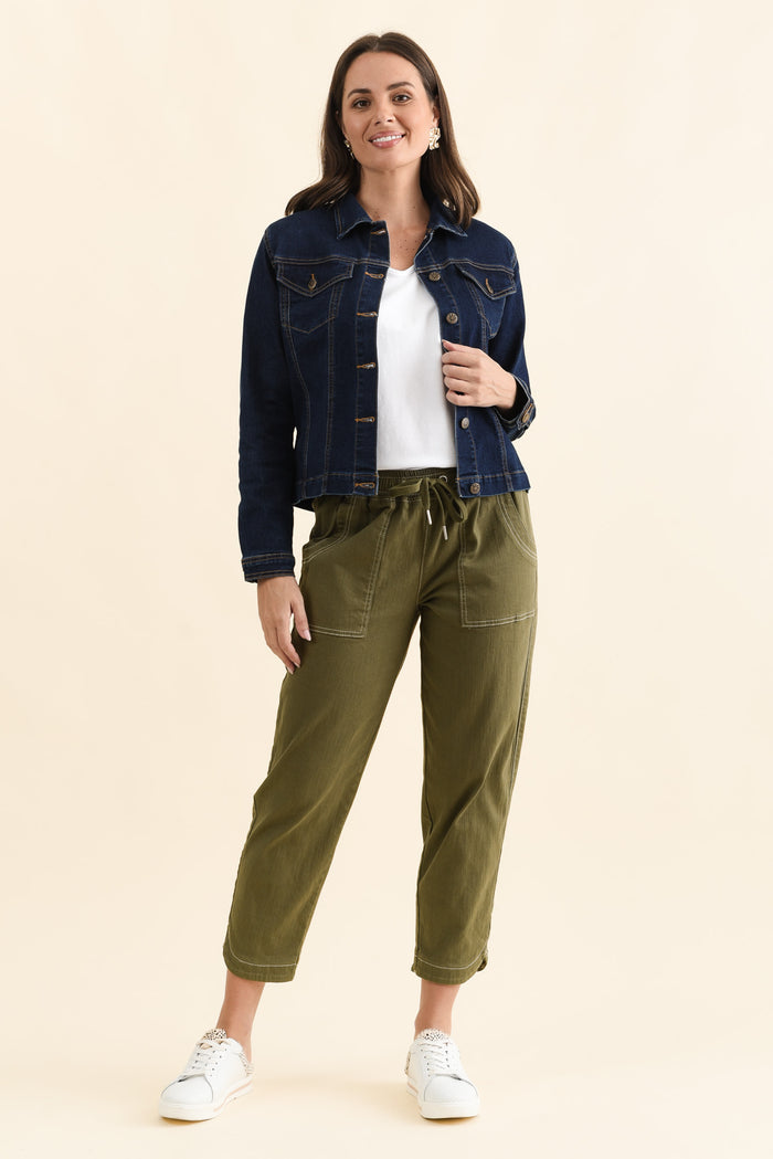 Kimbra Blue Denim Stretch Jacket,Full Body,Brunette model,alt text|model:MJ