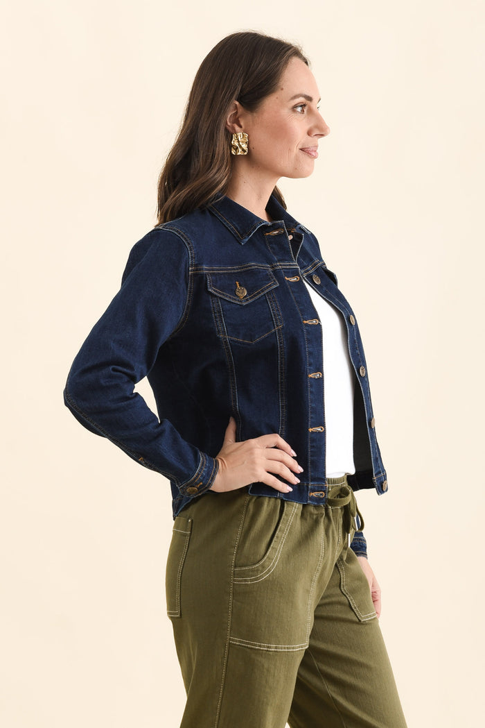 Kimbra Blue Denim Stretch Jacket,Side,Brunette model,alt text|model:MJ
