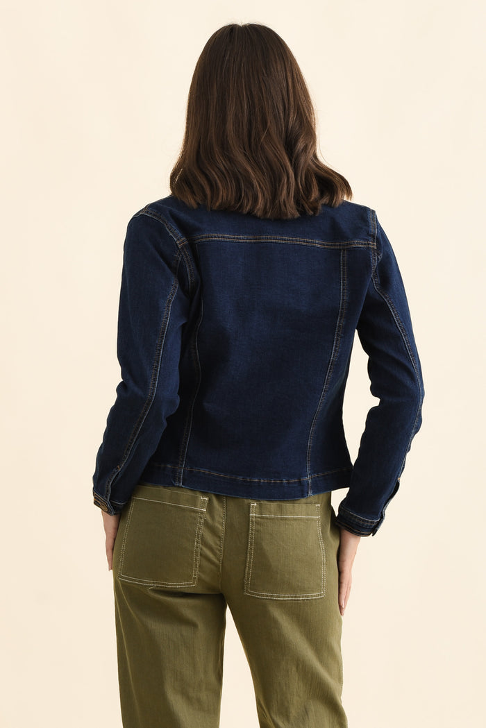 Kimbra Blue Denim Stretch Jacket,Back,Brunette model,alt text|model:MJ
