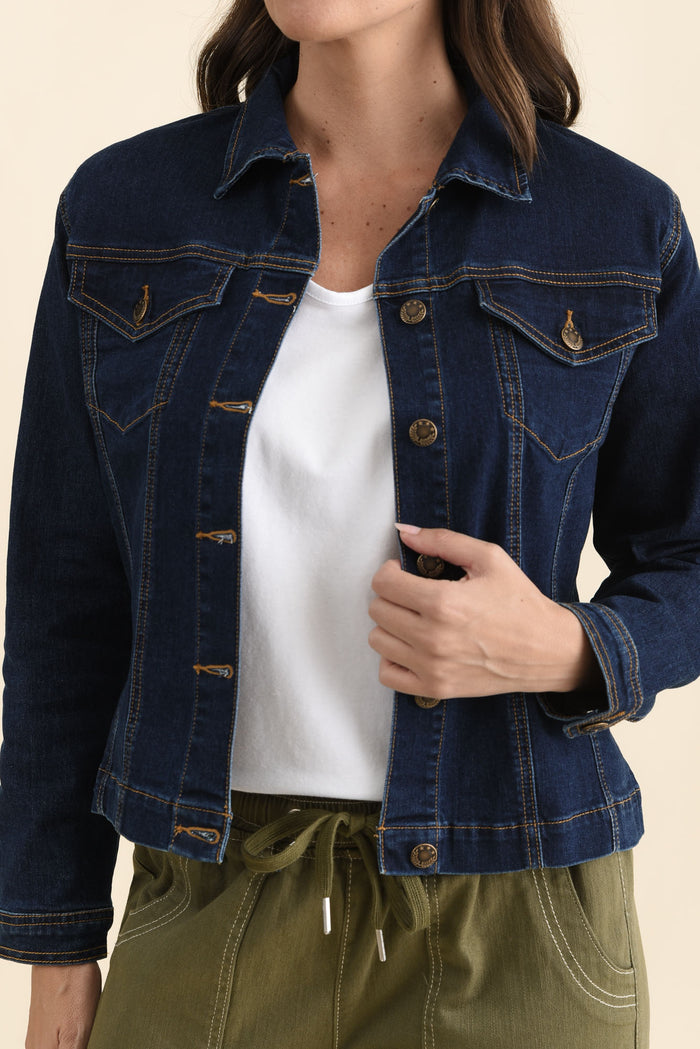 Kimbra Blue Denim Stretch Jacket,Detail,Brunette model,alt text|model:MJ