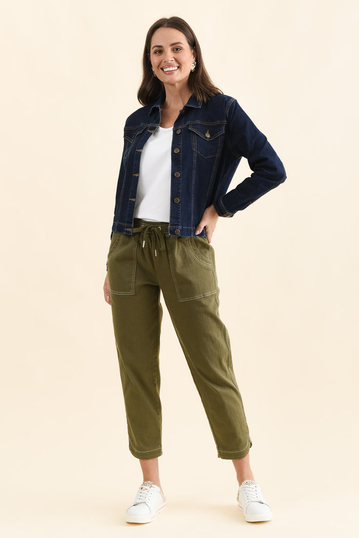 Kimbra Blue Denim Stretch Jacket,Full Body,Brunette model,alt text|model:MJ