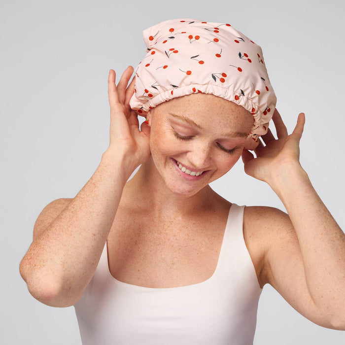 KITSCH Satin-Lined Flexi Shower Cap - Cherry Print