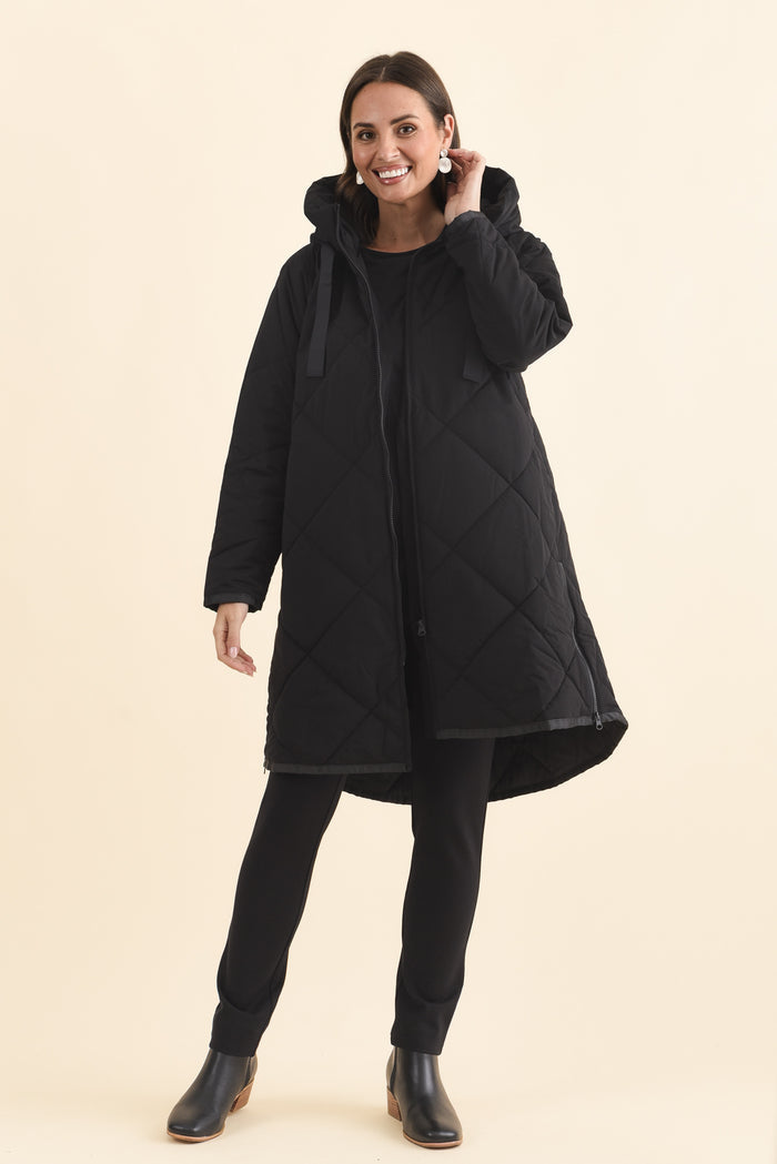 Koami Black Quilted Hooded Coat,Brunette model,alt text|model:MJ