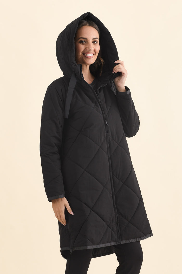 Koami Black Quilted Hooded Coat,Brunette model,alt text|model:MJ