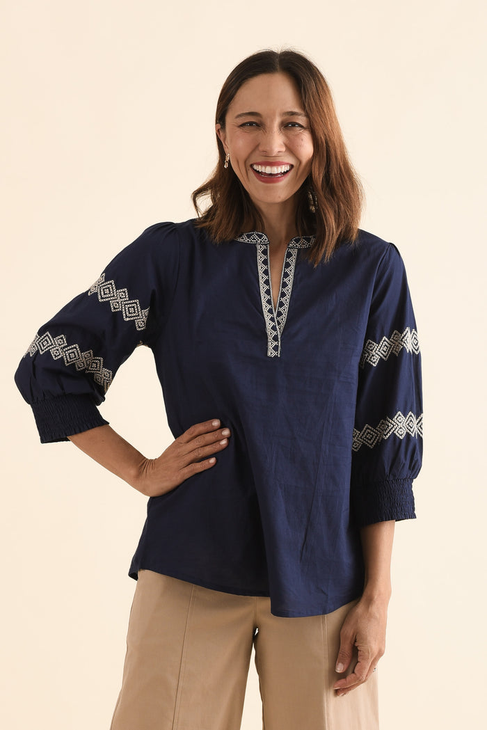 Kooma Navy Cotton Embroidered Top,Front,Brunette model,alt text|model:Cara