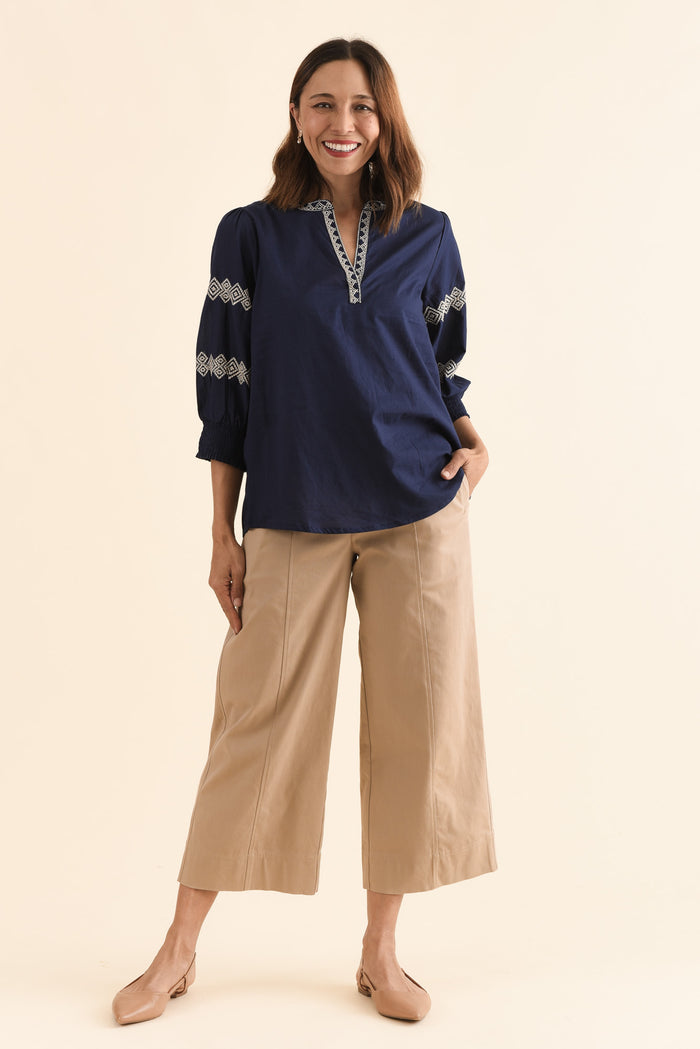 Kooma Navy Cotton Embroidered Top,Full Body,Brunette model,alt text|model:Cara