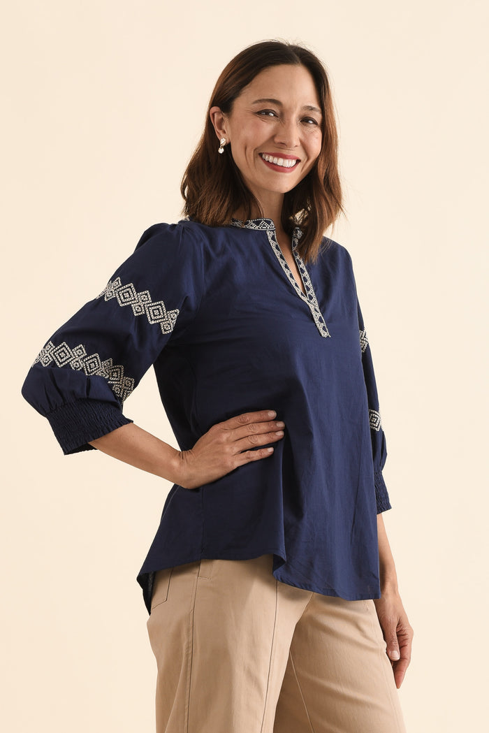 Kooma Navy Cotton Embroidered Top,Side,Brunette model,alt text|model:Cara