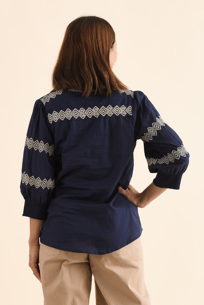 Kooma Navy Cotton Embroidered Top,Back,Brunette model,alt text|model:Cara