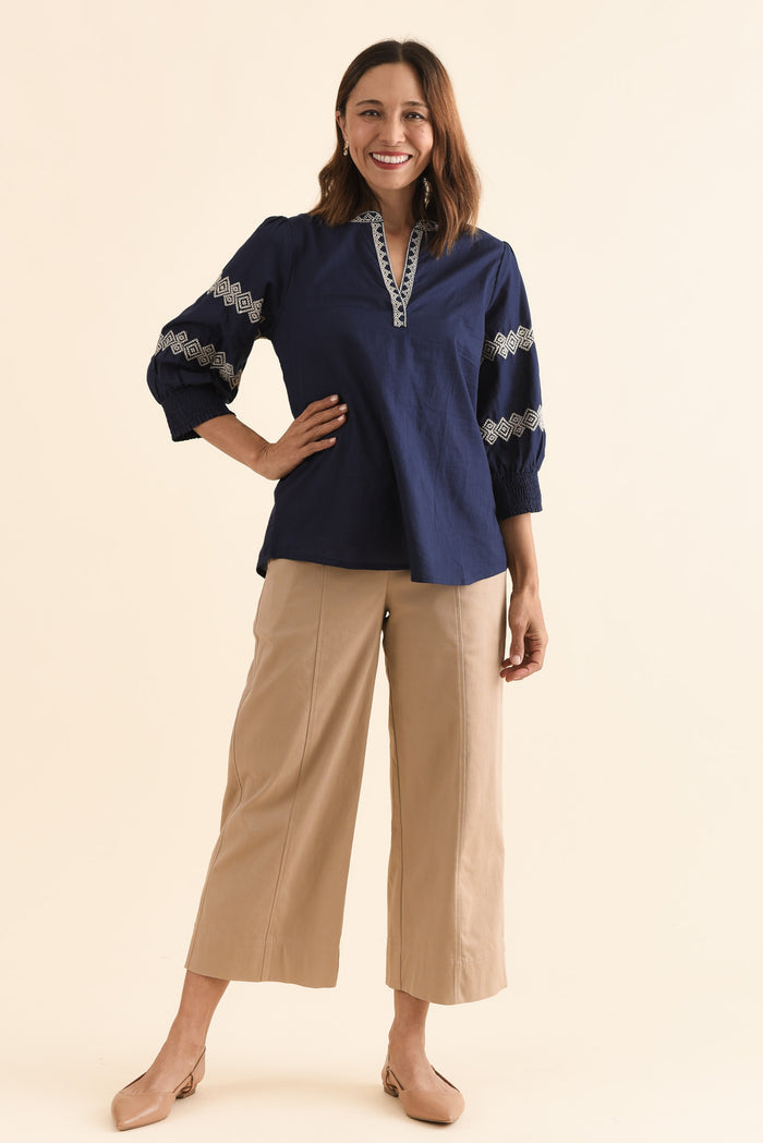 Kooma Navy Cotton Embroidered Top,Full Body,Brunette model,alt text|model:Cara
