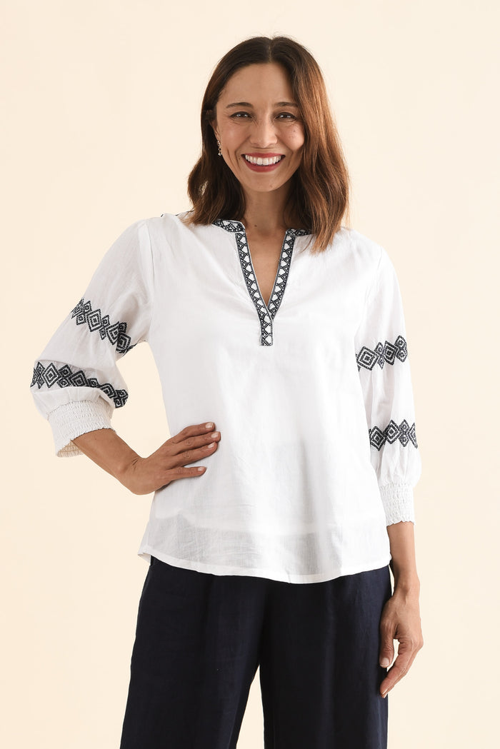 Kooma White Cotton Embroidered Top,Front,Brunette model,alt text|model:Cara