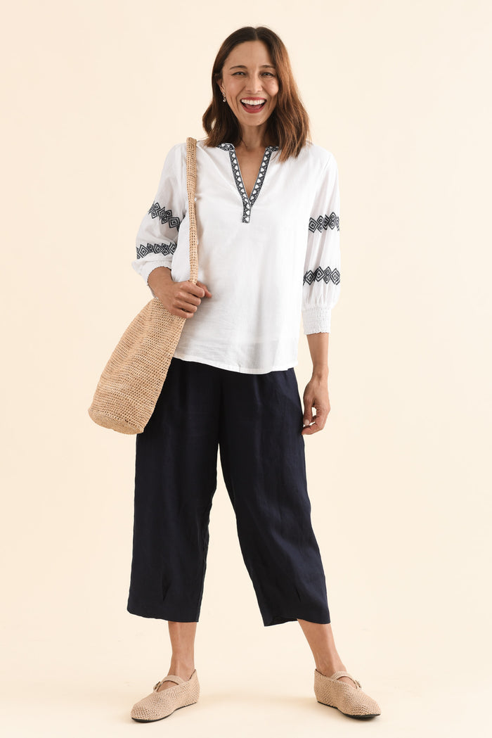 Kooma White Cotton Embroidered Top,Full Body,Brunette model,alt text|model:Cara