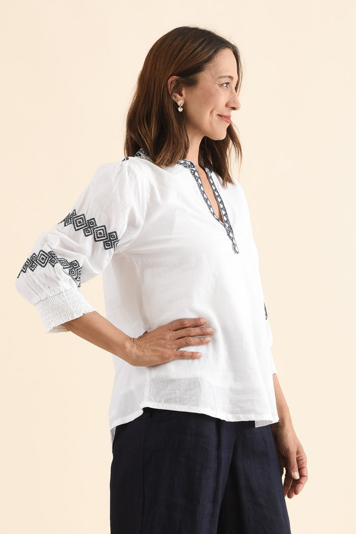 Kooma White Cotton Embroidered Top,Side,Brunette model,alt text|model:Cara