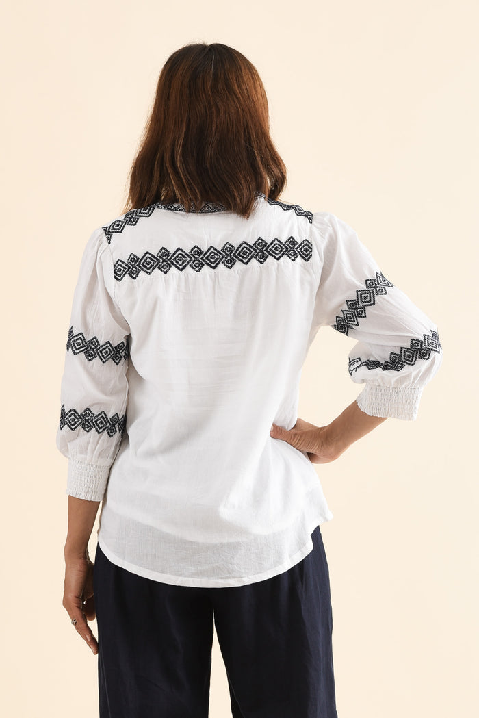 Kooma White Cotton Embroidered Top,Back,Brunette model,alt text|model:Cara