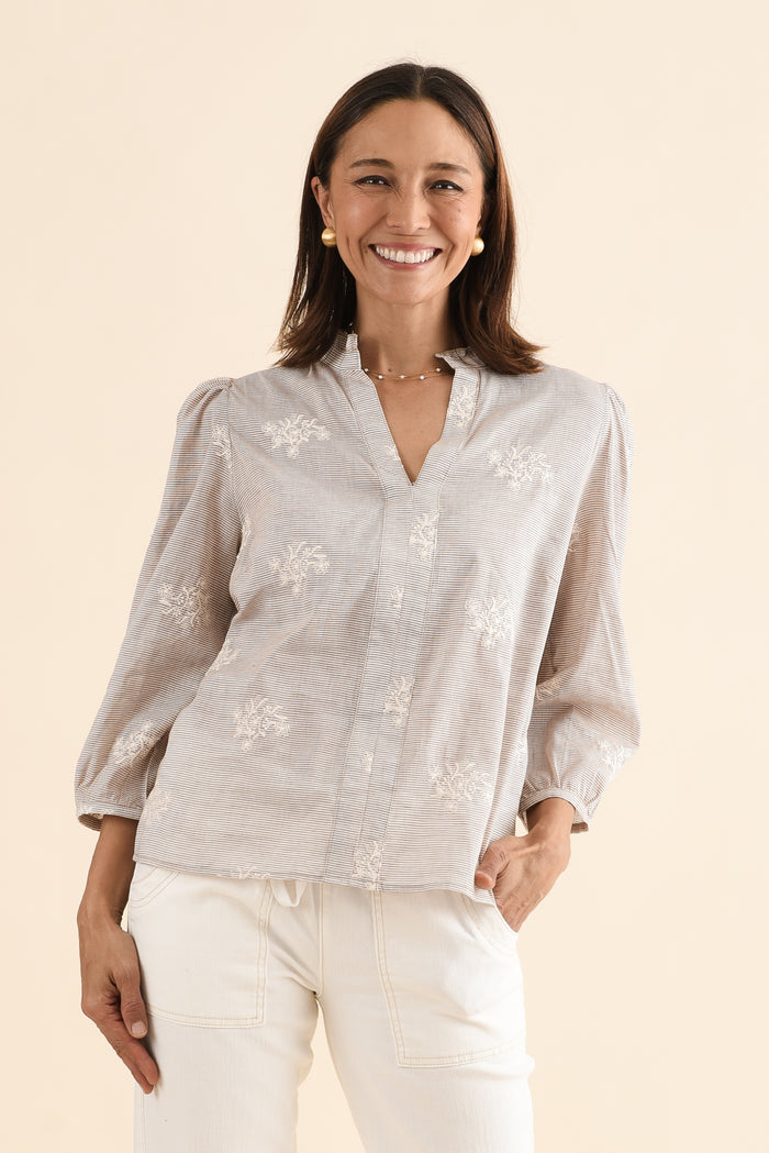 Korey Beige Stripe Cotton Blouse,Front,Brunette model,alt text|model:Cara